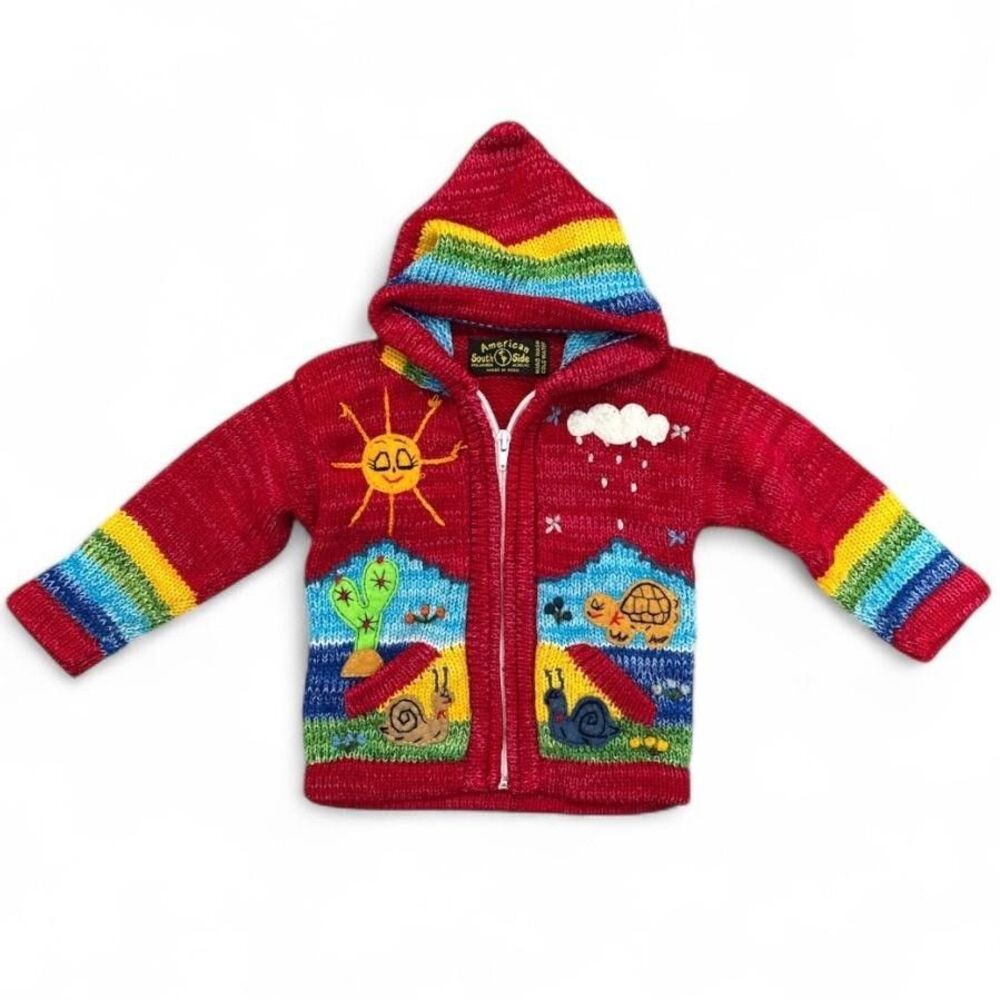 American South Side Sweater Toddler 2T Red Hooded Zip Peruvian Knit Animals